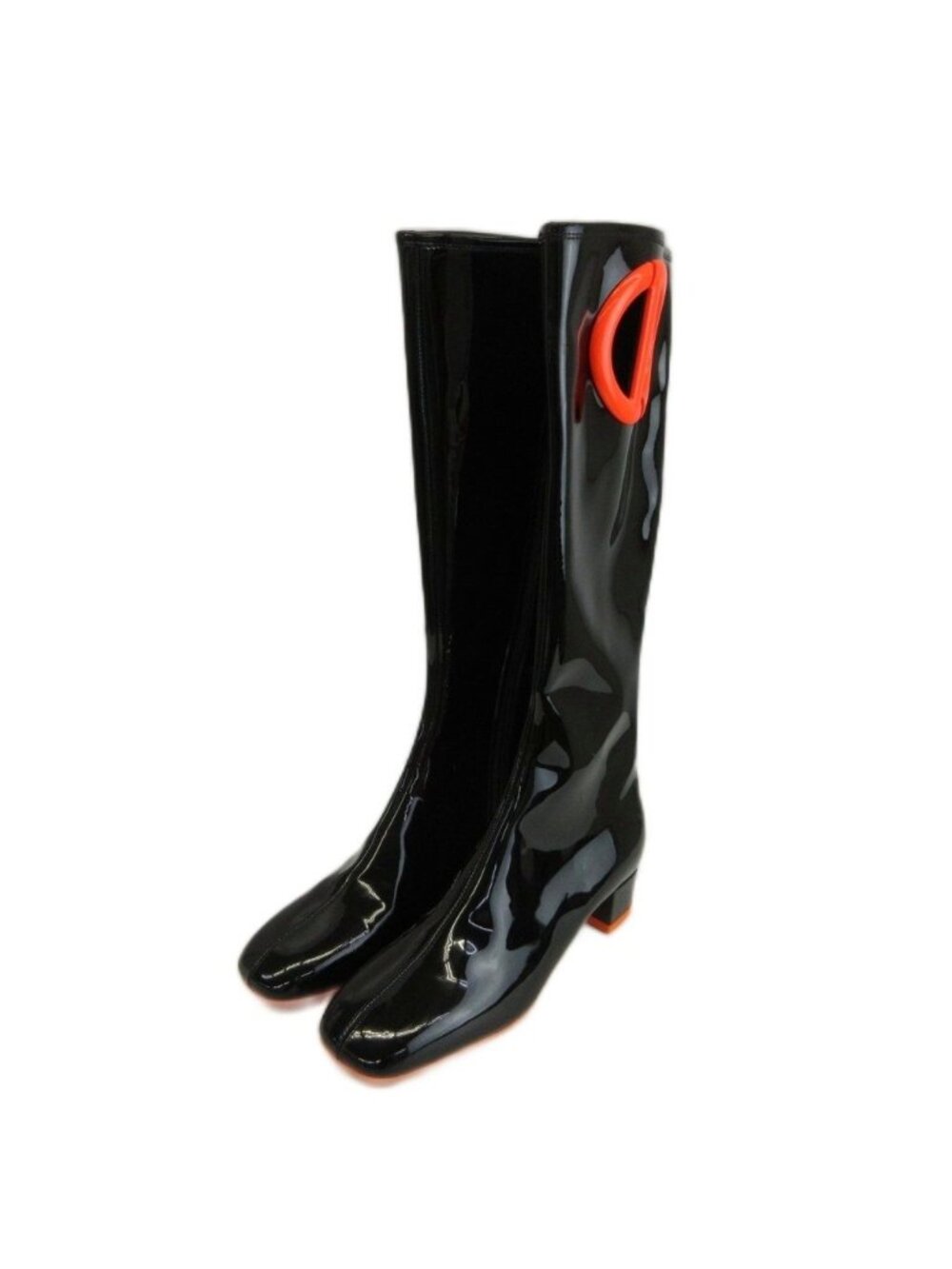 Dior Long Boots Patent Square Toe Low Heels CD Logo Black Orange